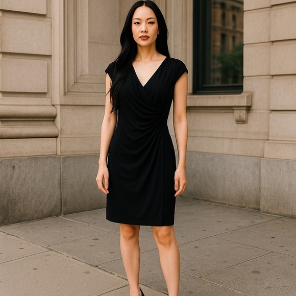 Tiana B. Black Cocktail Dress Sz L V-Neck Ruched Stretchy Formal Wedding - Picture 1 of 7